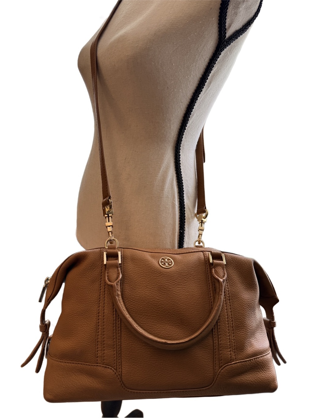 Tory Burch Cognac Brown Landon Leather Satchel with Gold Hardware